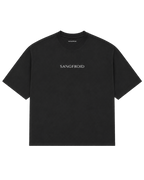 A black short-sleeve crewneck t-shirt with 'SANGFROID' embroidered in white serif lettering across the chest.