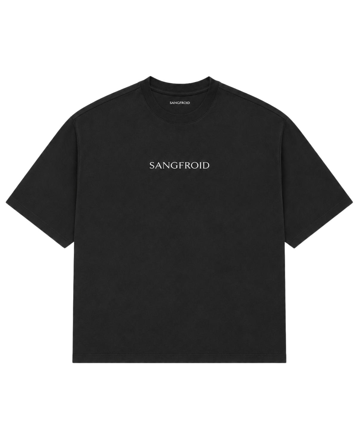 A black short-sleeve crewneck t-shirt with 'SANGFROID' embroidered in white serif lettering across the chest.