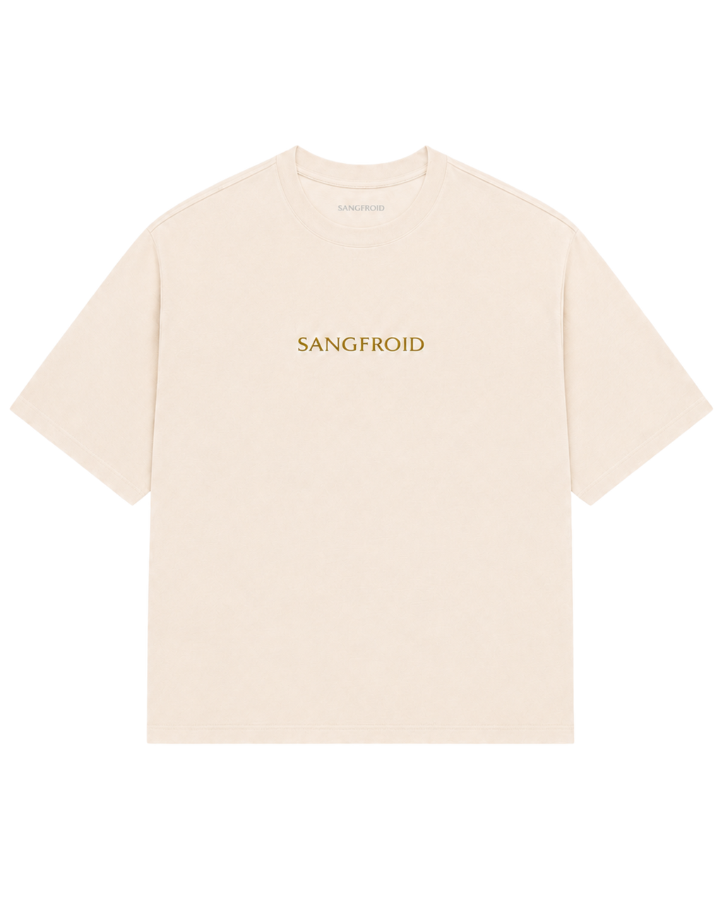 A cream-colored short-sleeve crewneck t-shirt with 'SANGFROID' embroidered in gold lettering across the chest.
