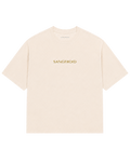 A cream-colored short-sleeve crewneck t-shirt with 'SANGFROID' embroidered in gold lettering across the chest.