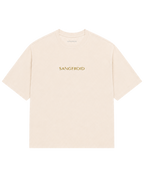A cream-colored short-sleeve crewneck t-shirt with 'SANGFROID' embroidered in gold lettering across the chest.