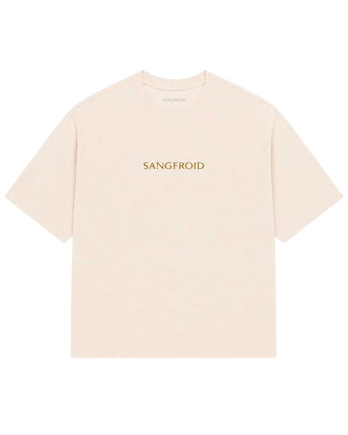 A cream-colored short-sleeve crewneck t-shirt with 'SANGFROID' embroidered in gold lettering across the chest.
