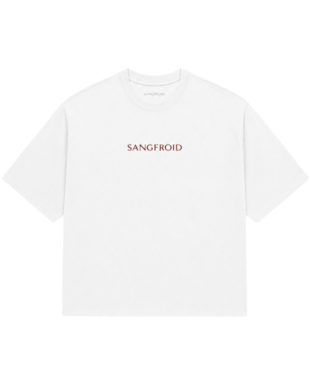 A white short-sleeve crewneck T-shirt with the brand name 'SANGFROID' embroidered in a muted reddish-brown serif font across the chest.