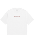 A white short-sleeve crewneck T-shirt with the brand name 'SANGFROID' embroidered in a muted reddish-brown serif font across the chest.