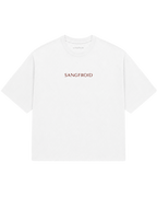 A white short-sleeve crewneck T-shirt with the brand name 'SANGFROID' embroidered in a muted reddish-brown serif font across the chest.