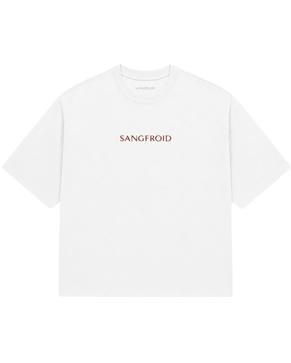 A white short-sleeve crewneck T-shirt with the brand name 'SANGFROID' embroidered in a muted reddish-brown serif font across the chest.