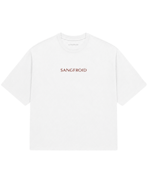 A white short-sleeve crewneck T-shirt with the brand name 'SANGFROID' embroidered in a muted reddish-brown serif font across the chest.
