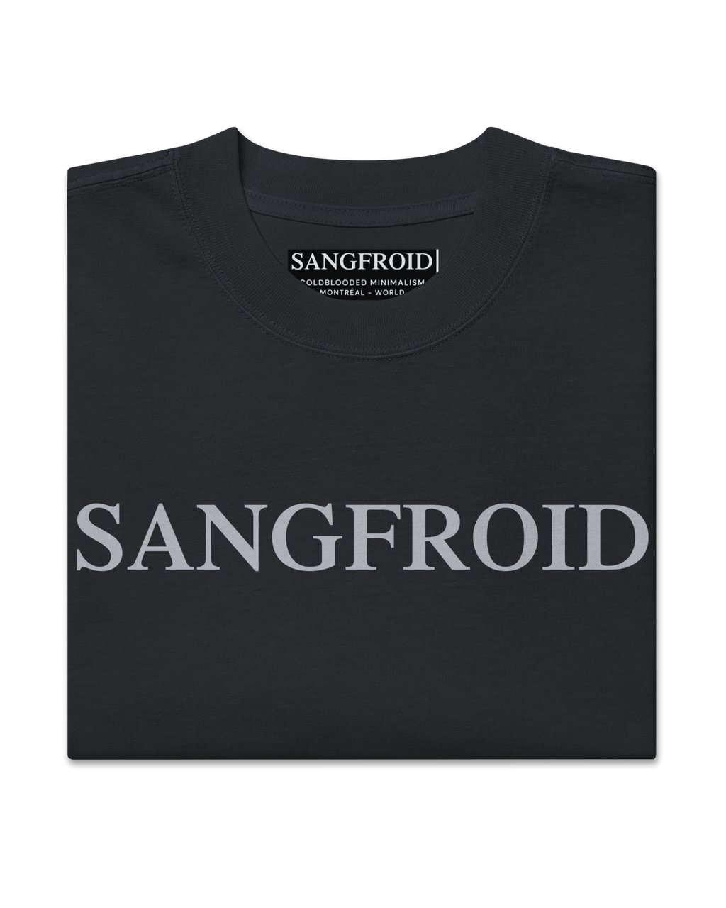 Black t-shirt with 'SANGFROID' branding on a white background