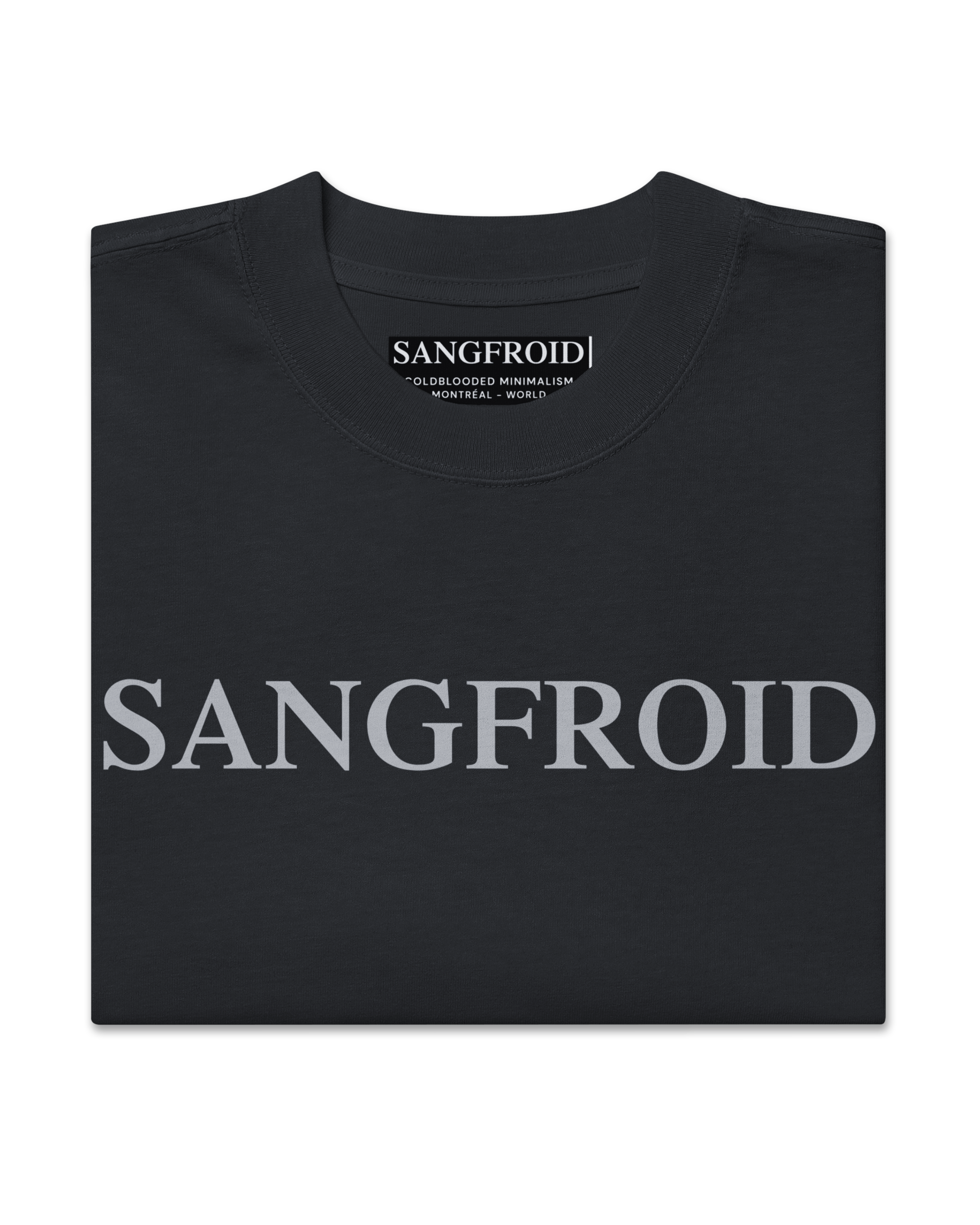 Black t-shirt with 'SANGFROID' branding on a white background