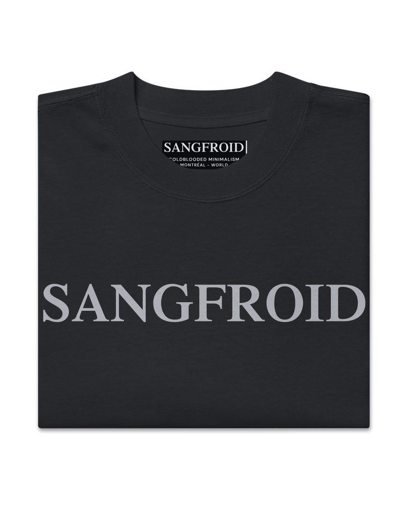 Black t-shirt with 'SANGFROID' branding on a white background
