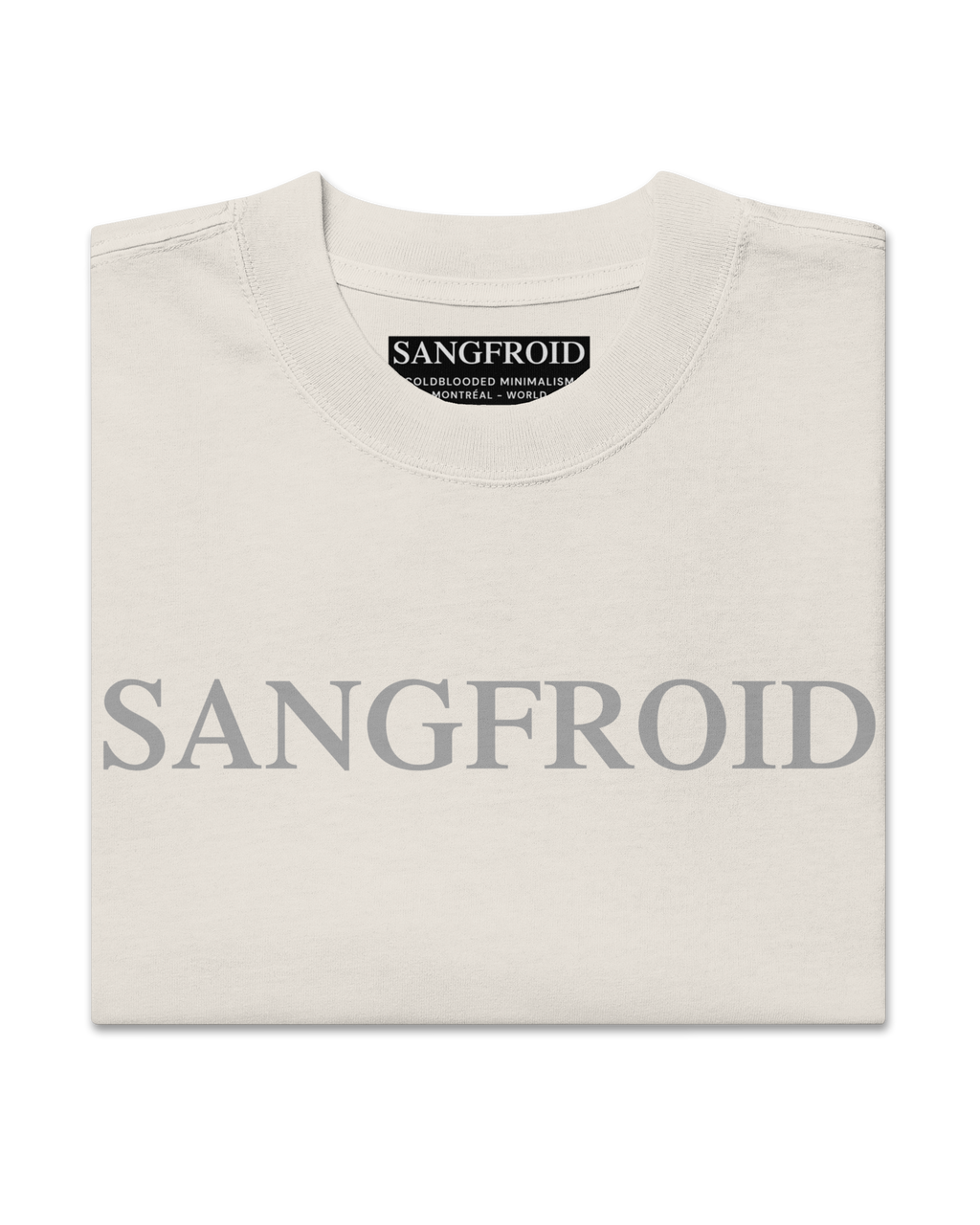 Beige t-shirt with 'SANGFROID' branding on a white background