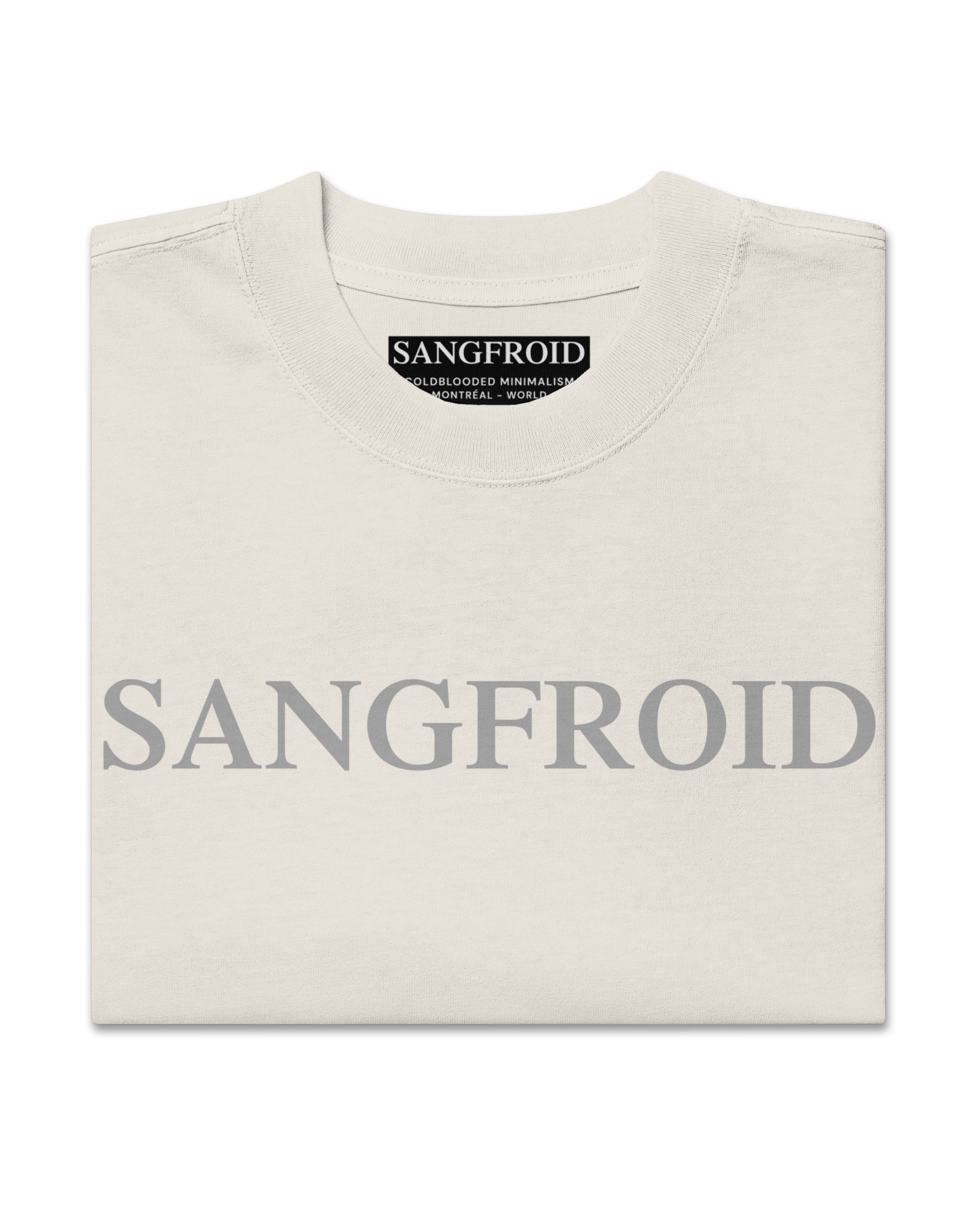 Beige t-shirt with 'SANGFROID' branding on a white background