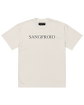 White t-shirt with 'SANGFROID' text on a white background