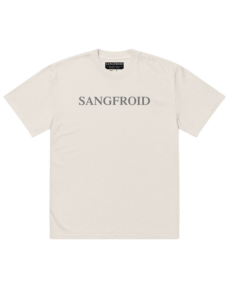 White t-shirt with 'SANGFROID' text on a white background