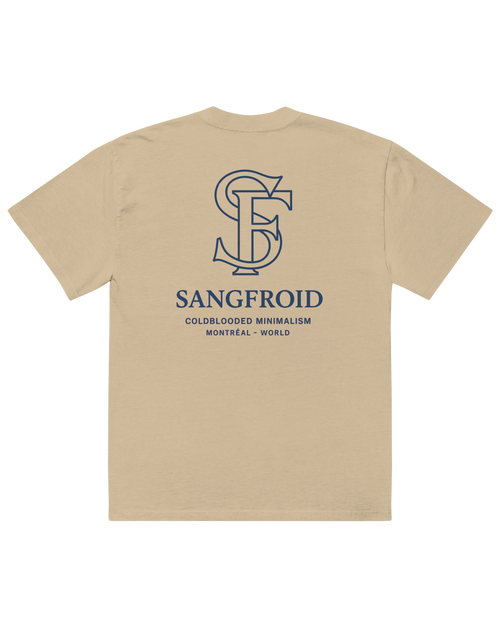 Beige t-shirt with blue logo and text on a white background