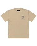 Beige t-shirt with a logo on the chest against a white background