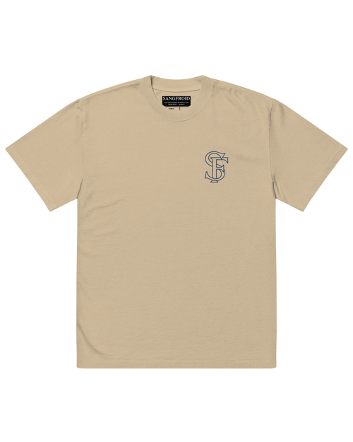 Beige t-shirt with a logo on the chest against a white background