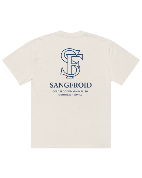 White t-shirt with blue logo and text on a white background
