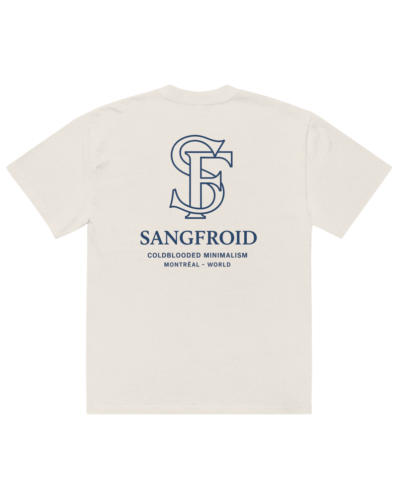 White t-shirt with blue logo and text on a white background