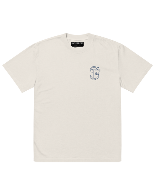 White t-shirt with a logo on a white background