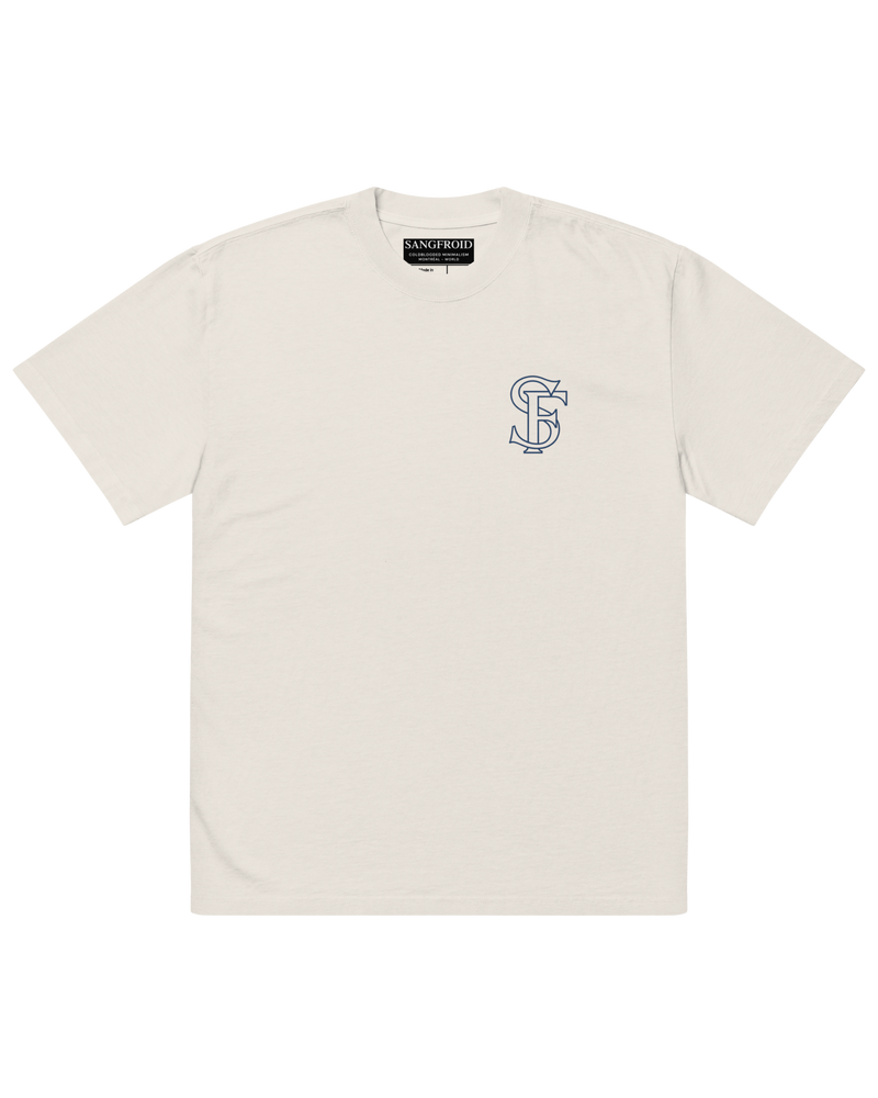 White t-shirt with a logo on a white background