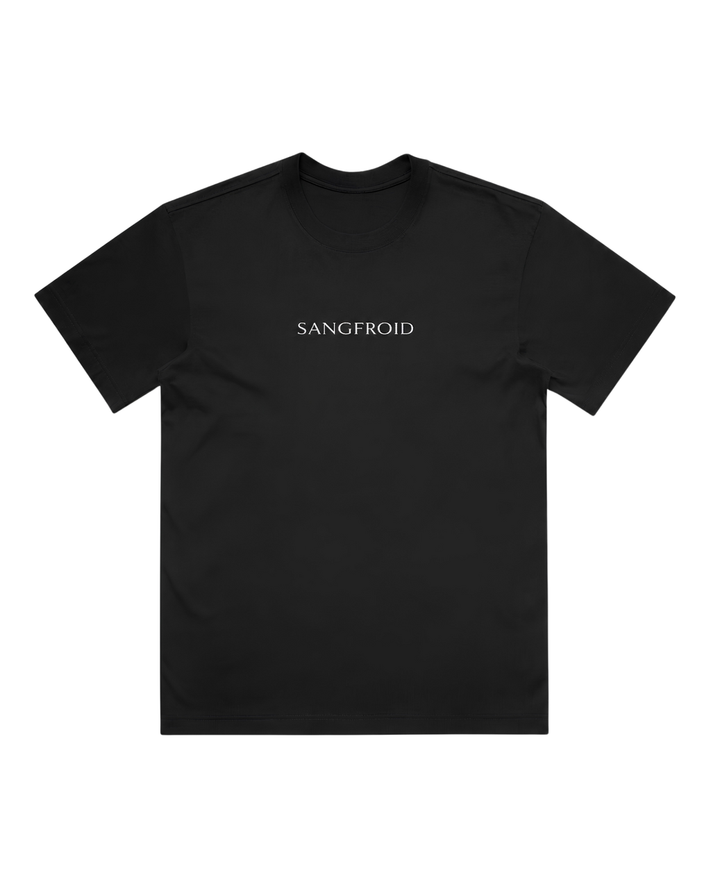Black t-shirt with 'SANGFROID' logo in white on a white background