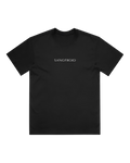 Black t-shirt with 'SANGFROID' logo in white on a white background