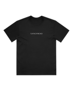 Black t-shirt with 'SANGFROID' logo in white on a white background