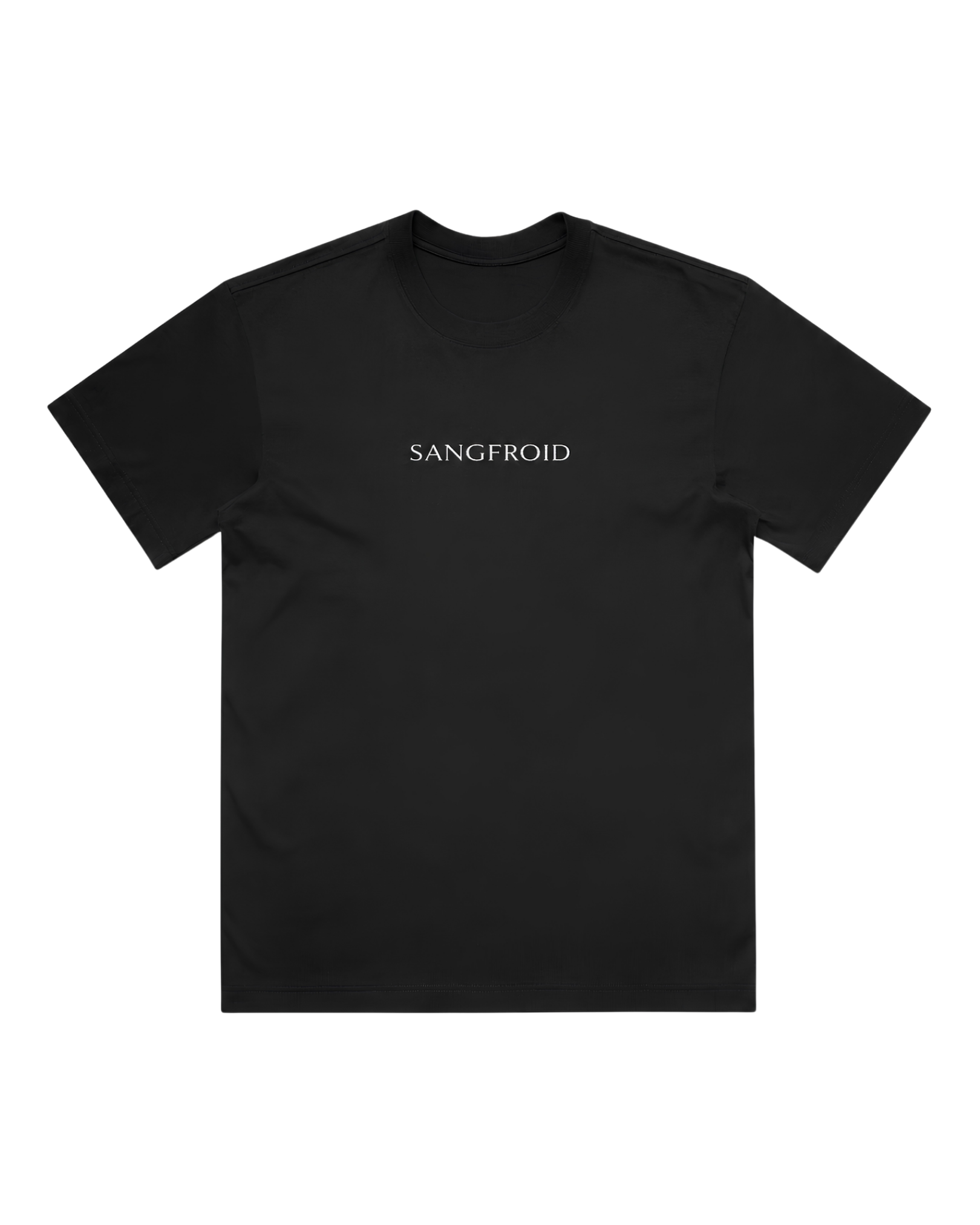 Black t-shirt with 'SANGFROID' logo in white on a white background