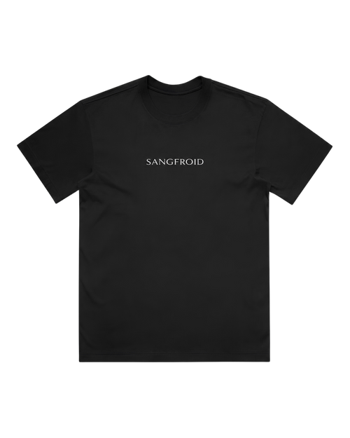Black t-shirt with 'SANGFROID' logo in white on a white background