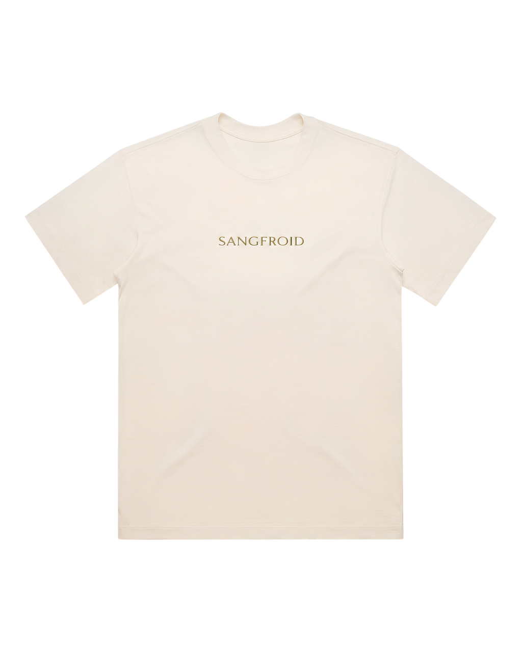 Beige t-shirt with 'SANGFROID' logo in gold on a white background