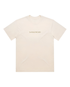 Beige t-shirt with 'SANGFROID' logo in gold on a white background