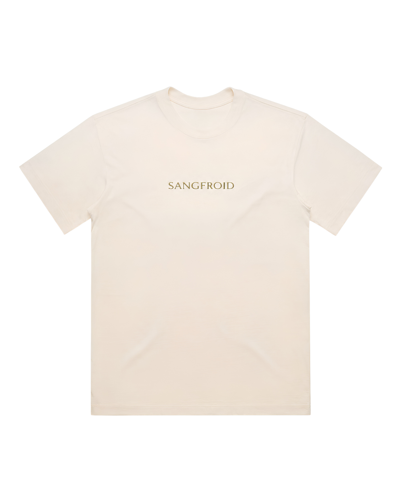 Beige t-shirt with 'SANGFROID' logo in gold on a white background