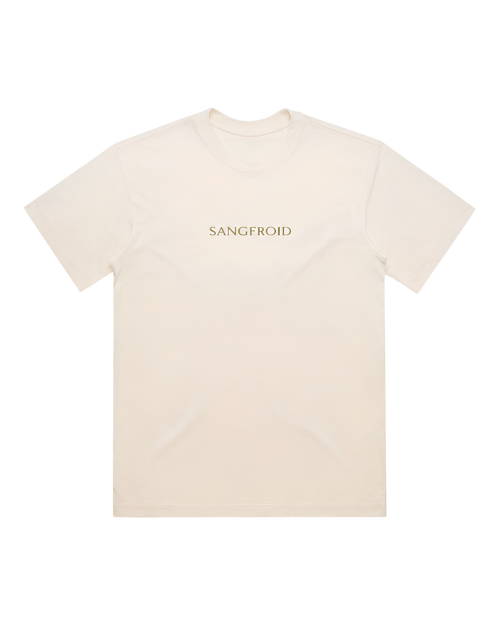 Beige t-shirt with 'SANGFROID' logo in gold on a white background