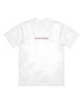 White t-shirt with 'SANGFROID' logo in dark red on a white background
