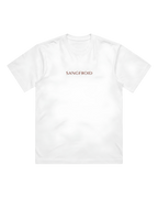 White t-shirt with 'SANGFROID' logo in dark red on a white background