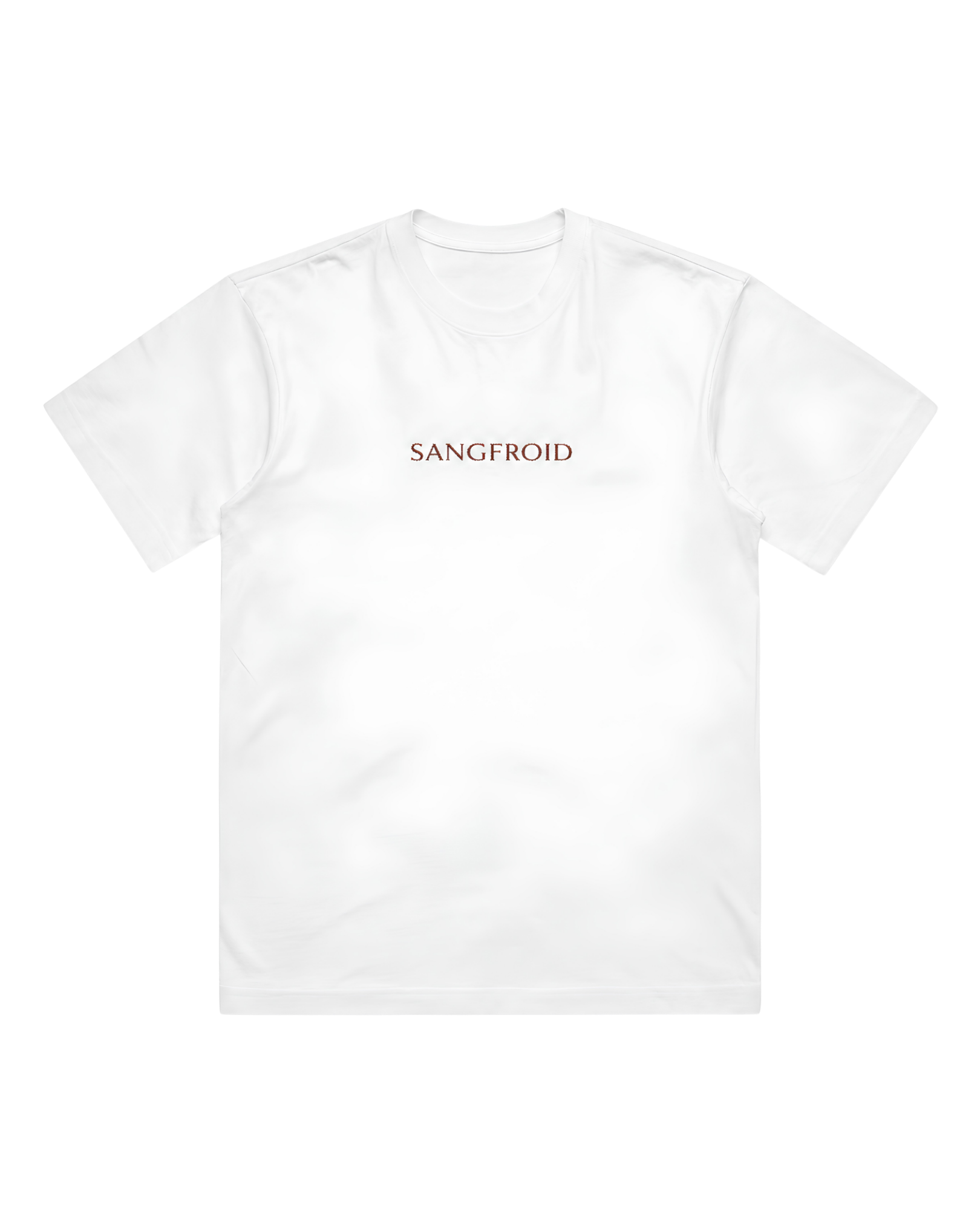 White t-shirt with 'SANGFROID' logo in dark red on a white background