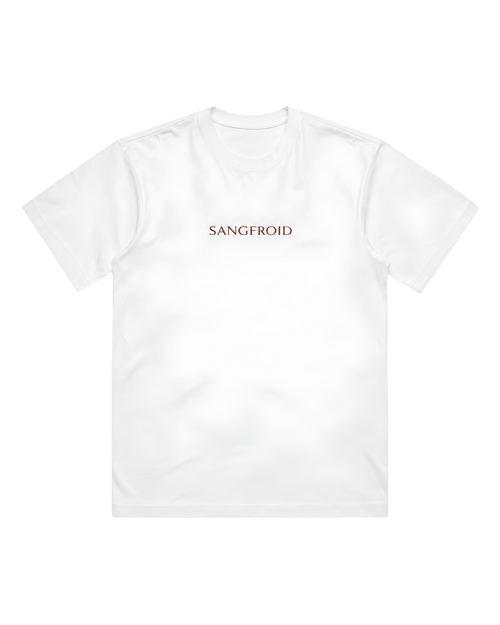 White t-shirt with 'SANGFROID' logo in dark red on a white background