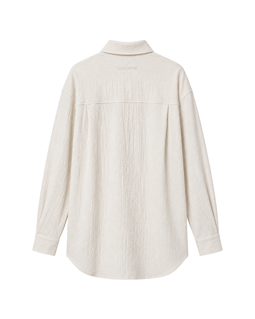A cream-colored cotton shirt with a mock neck collar, shown from the back on a solid white background.