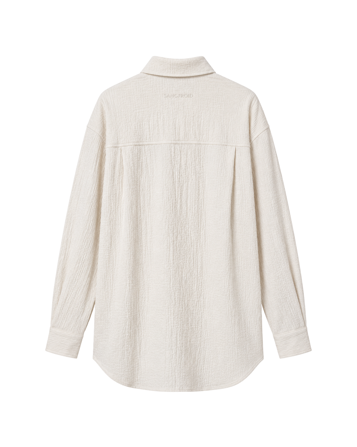 A cream-colored cotton shirt with a mock neck collar, shown from the back on a solid white background.
