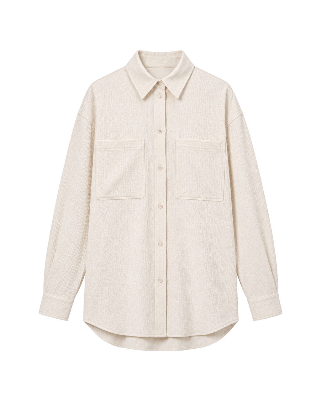 An off-white textured long-sleeve button-up shirt with two chest pockets, shown flat on a white background.