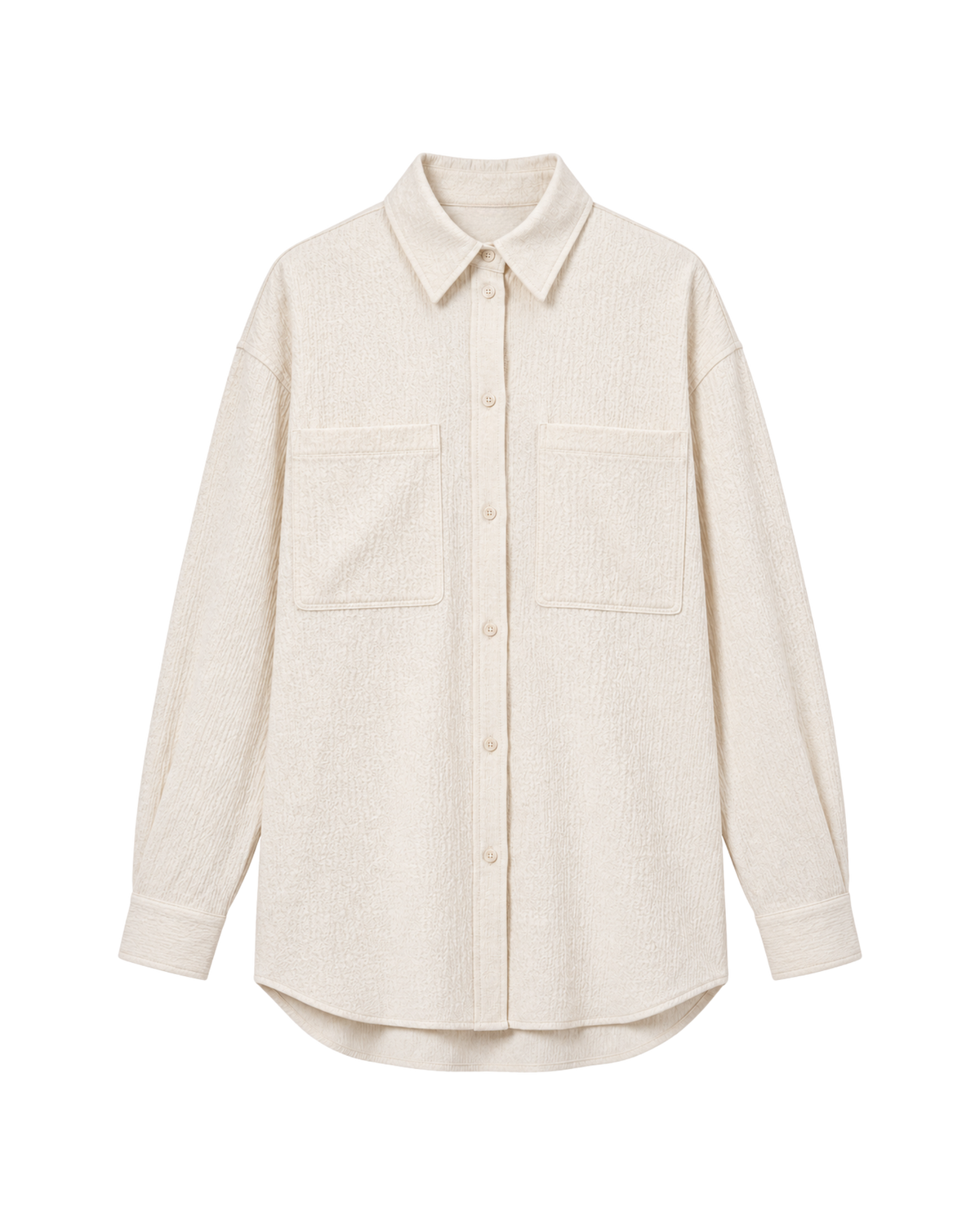 An off-white textured long-sleeve button-up shirt with two chest pockets, shown flat on a white background.
