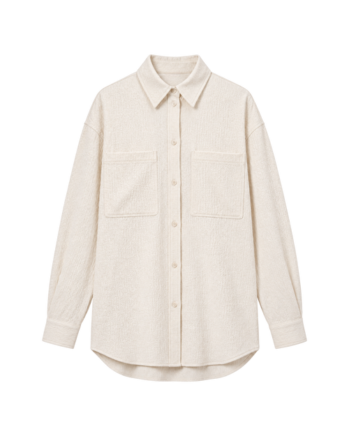 An off-white textured long-sleeve button-up shirt with two chest pockets, shown flat on a white background.