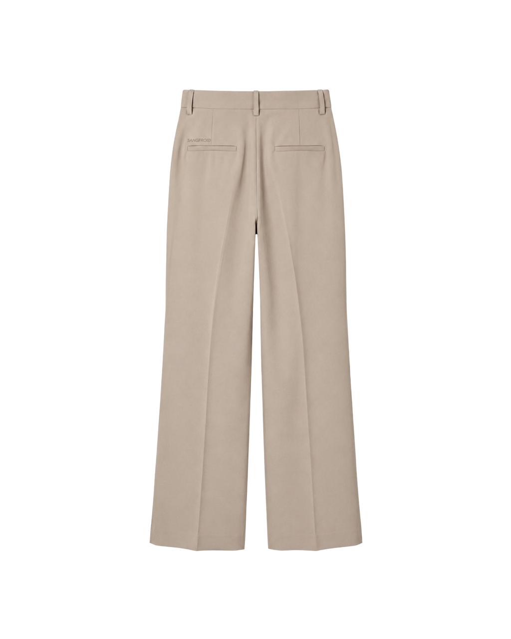 A pair of beige wide-leg trousers shown from the back, featuring a flat waistband, belt loops, and two welt back pockets, displayed on a solid white background.