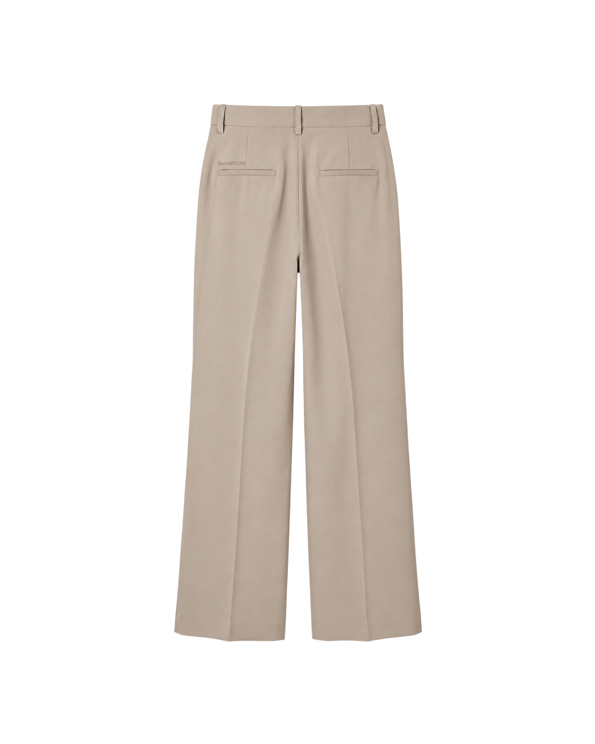 A pair of beige wide-leg trousers shown from the back, featuring a flat waistband, belt loops, and two welt back pockets, displayed on a solid white background.