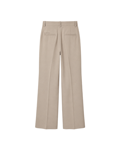 A pair of beige wide-leg trousers shown from the back, featuring a flat waistband, belt loops, and two welt back pockets, displayed on a solid white background.
