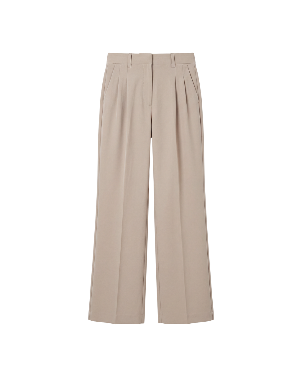 A pair of high-waisted, wide-leg trousers in a light beige color, featuring pleated detailing at the front of the waist, shown against a plain white background.