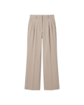 A pair of high-waisted, wide-leg trousers in a light beige color, featuring pleated detailing at the front of the waist, shown against a plain white background.