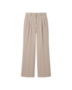 A pair of high-waisted, wide-leg trousers in a light beige color, featuring pleated detailing at the front of the waist, shown against a plain white background.