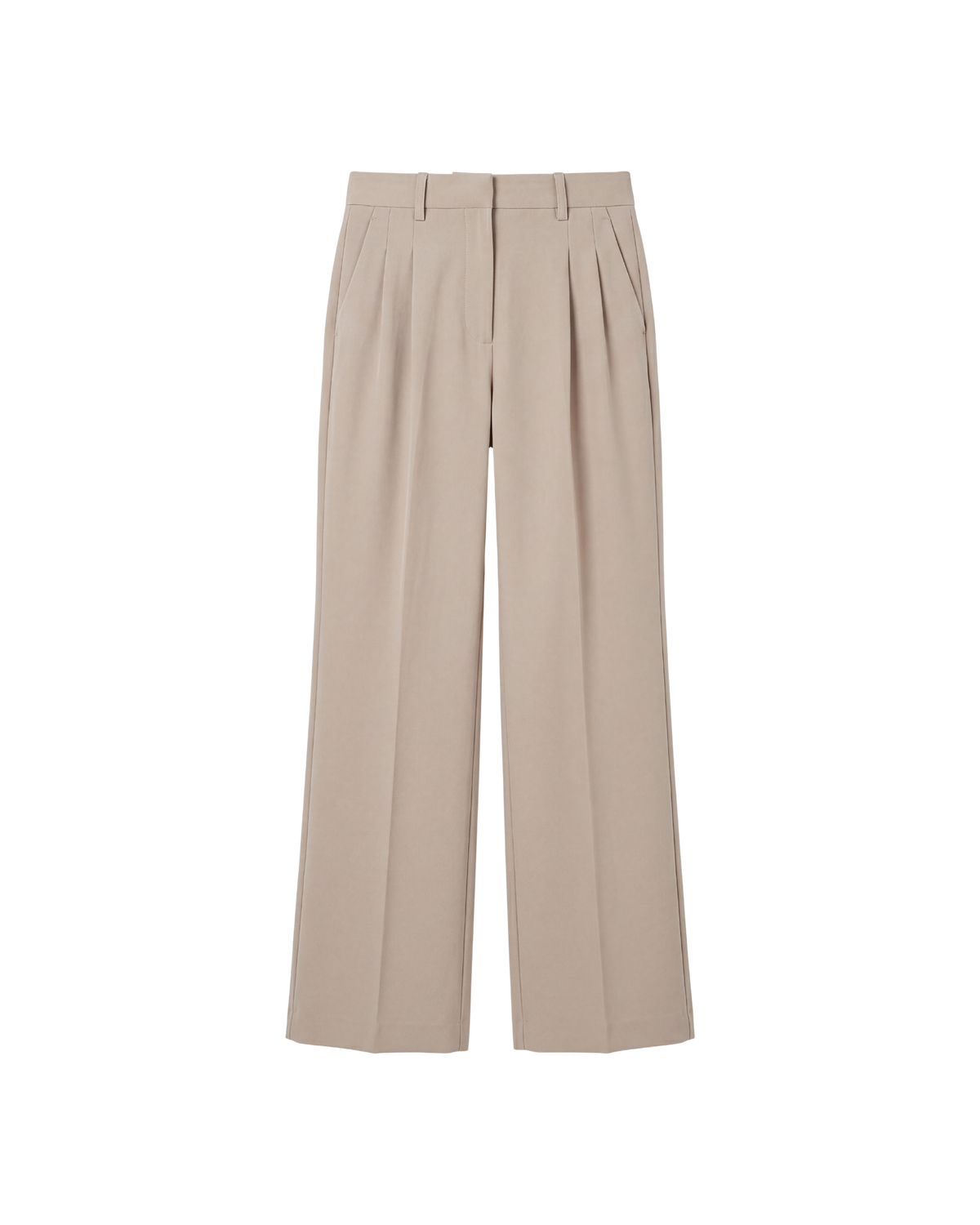 A pair of high-waisted, wide-leg trousers in a light beige color, featuring pleated detailing at the front of the waist, shown against a plain white background.